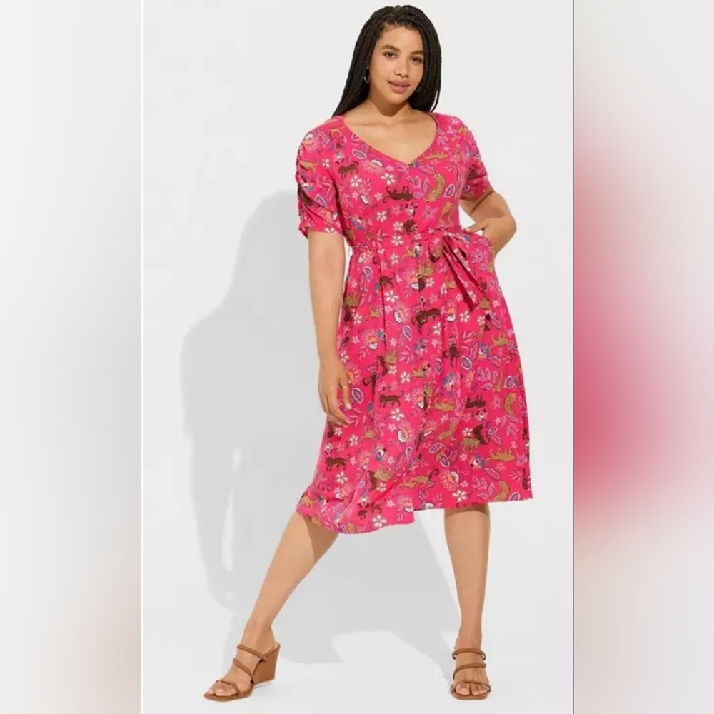 EUC Midi Rayon Slub Button Front Tie Dress